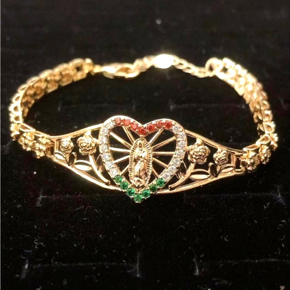 Heart Virgin Mary Gold Plated 3-colors stones
